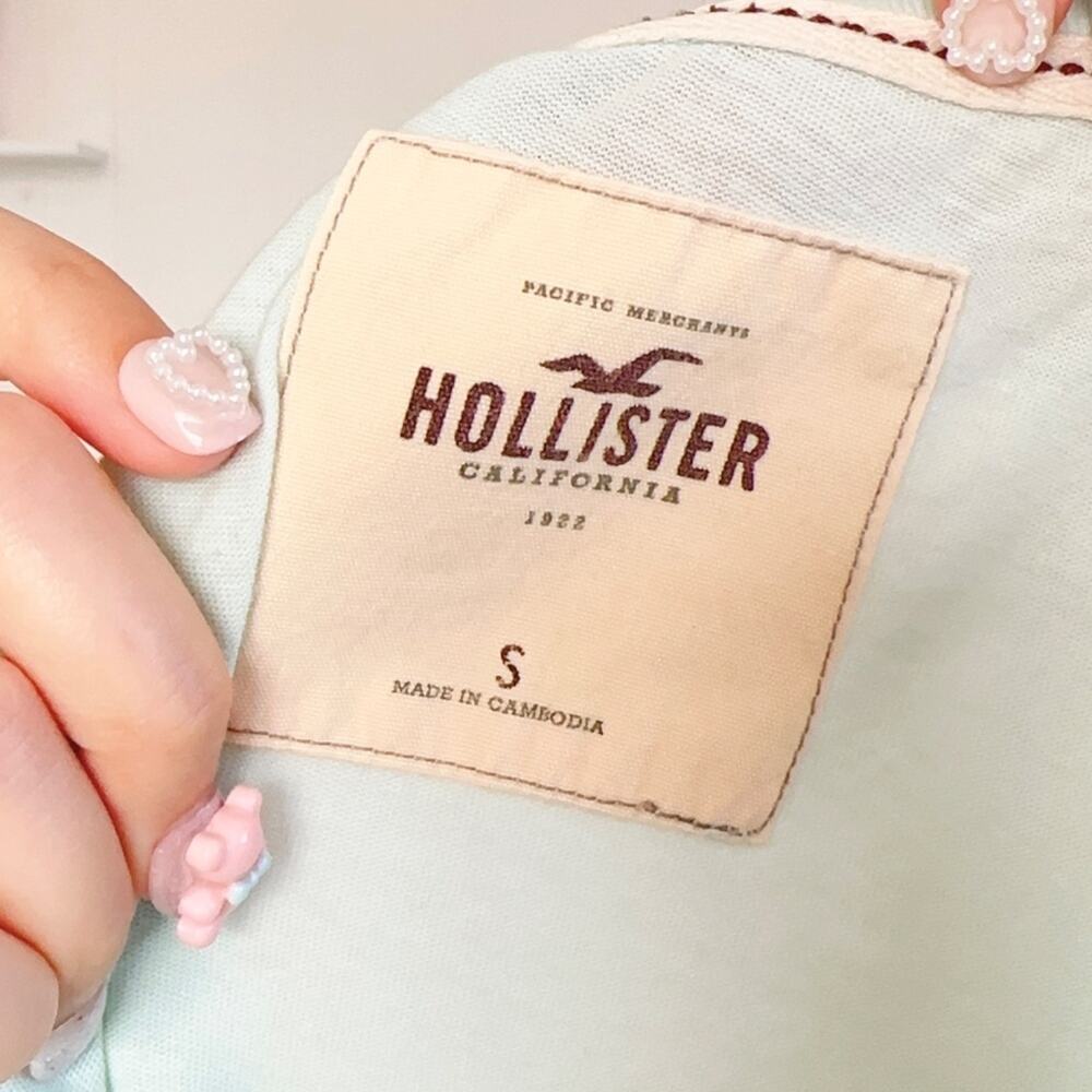 Vtg Y2K Hollister Surf Co Graphic Baby Tee Mint Blue Stitched Spellout Tee S - Picture 6 of 9